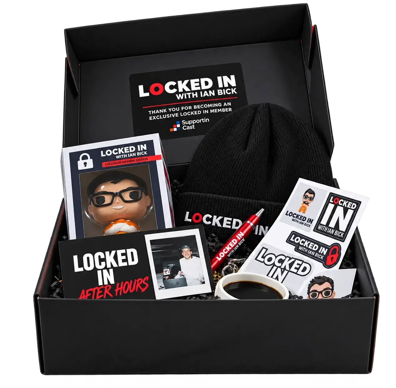 Locked In membership welcome box with an exclusive member edition bobblehead, beanie, pen, mug, stickers, and more merch